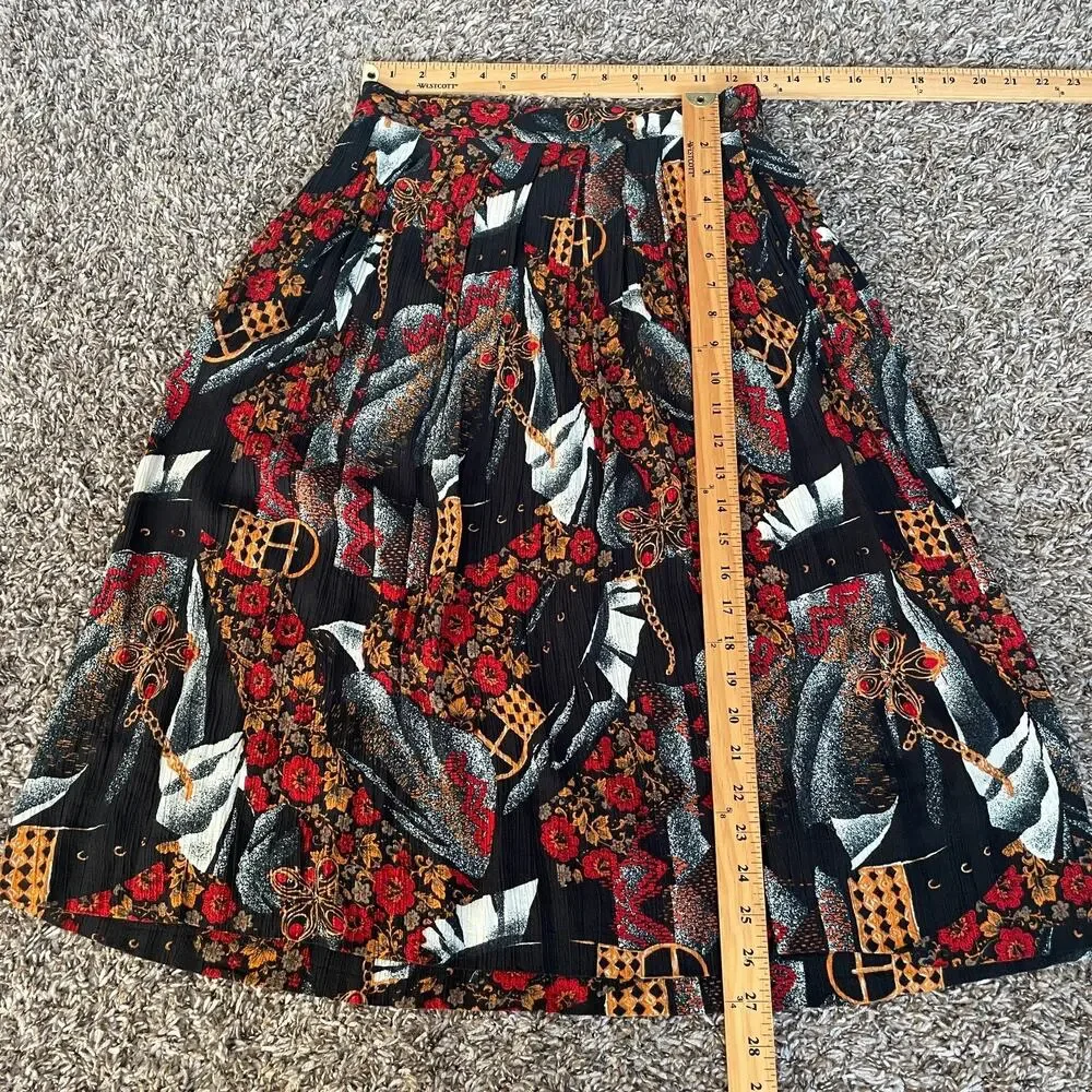 Vintage Midi Skirt Size 10 Petite 10P Black Red Mix Print Floral Preppy Academia